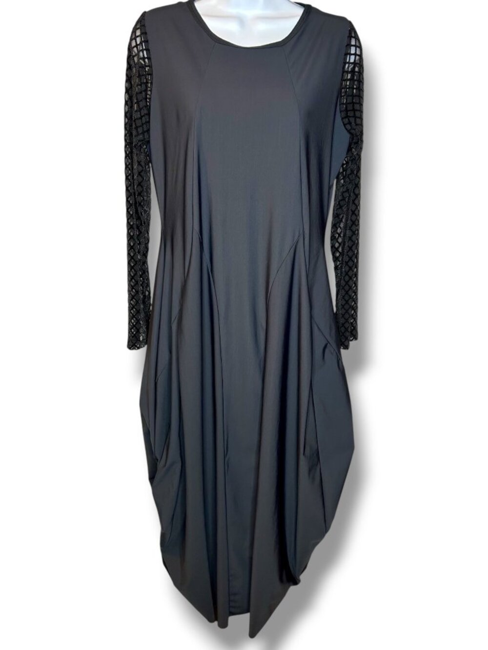 Jason Black Long Sleeve Dress Mesh Sleeves Draped Hemline lagenlook goth